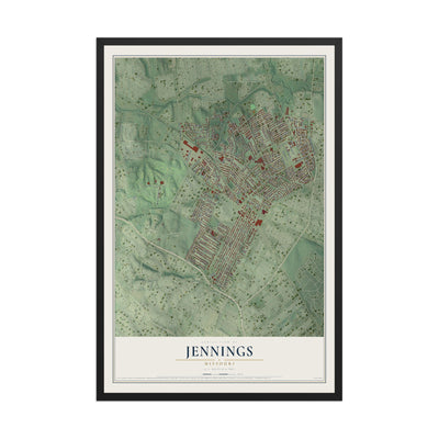 Map of Jennings, Missouri, 12 x 18 inch print in a black wood frame