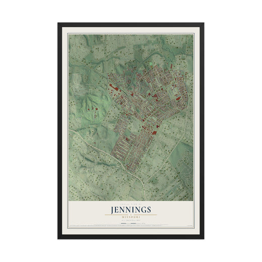 Map of Jennings, Missouri, 12 x 18 inch print in a black wood frame