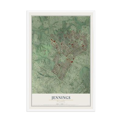 Map of Jennings, Missouri, 12 x 18 inch print in a white wood frame