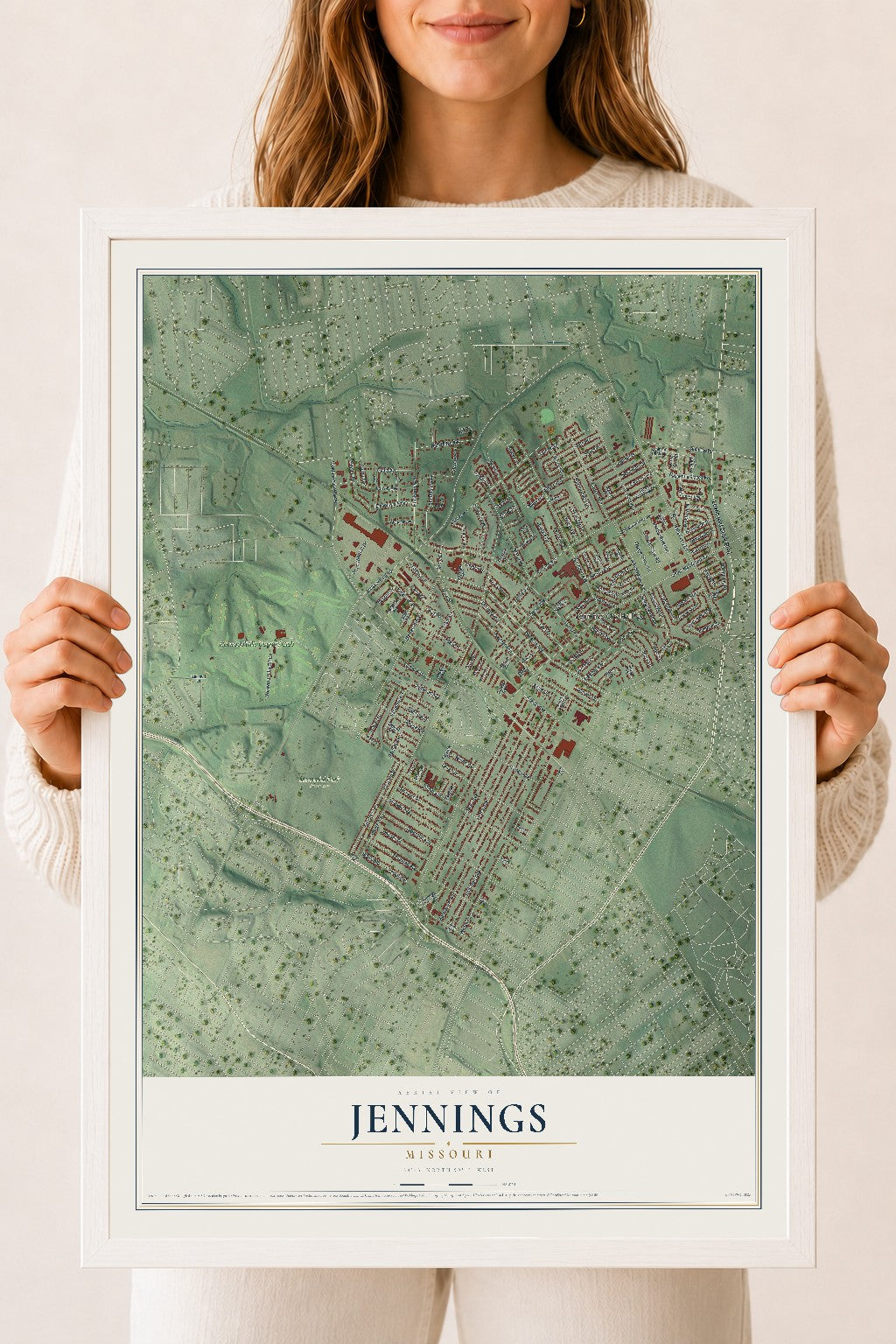 Map of Jennings, Missouri, 18 x 24 inch print in a white wood frame
