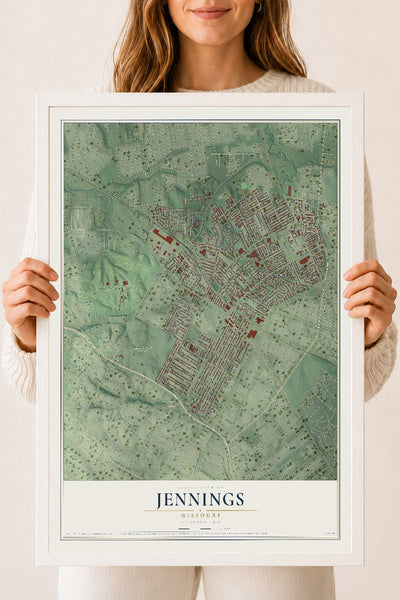 Map of Jennings, Missouri, 18 x 24 inch print in a white wood frame