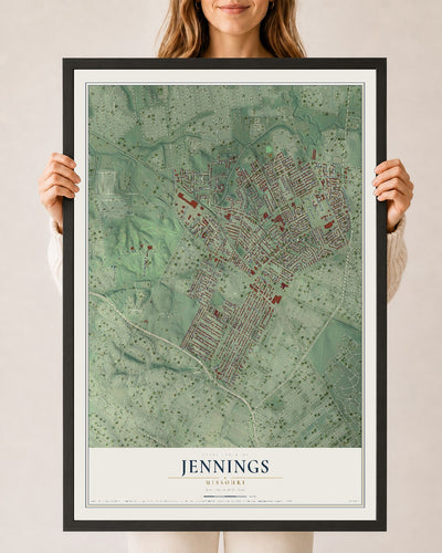 Map of Jennings, Missouri, 24 x 36 inch print in a black wood frame