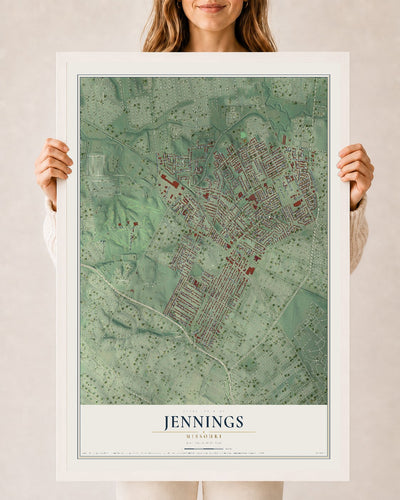 Map of Jennings, Missouri, 24 x 36 inch print in a white wood frame