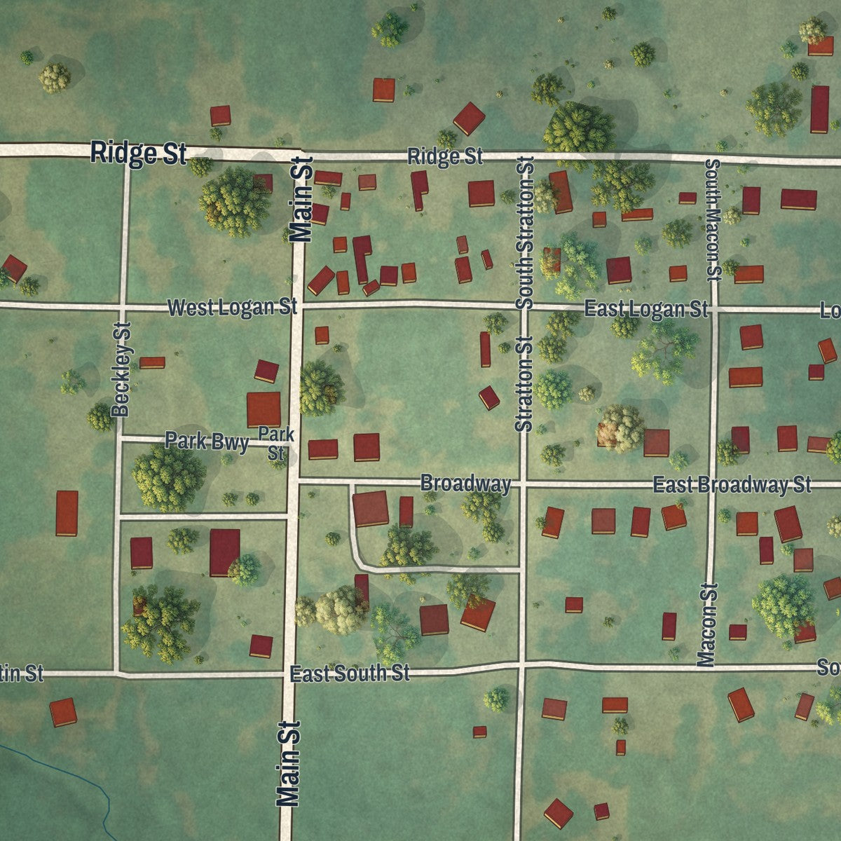 Close-up of the map of Jerico Springs, Missouri print showing street and building detail