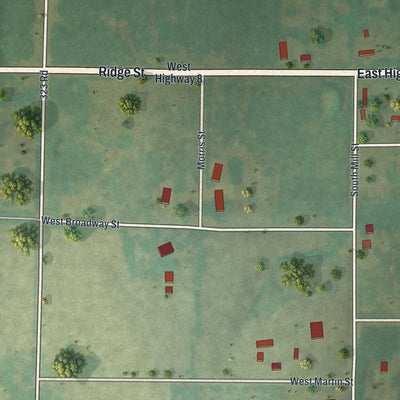 Second close-up of the map of Jerico Springs, Missouri print showing more streets and buildings