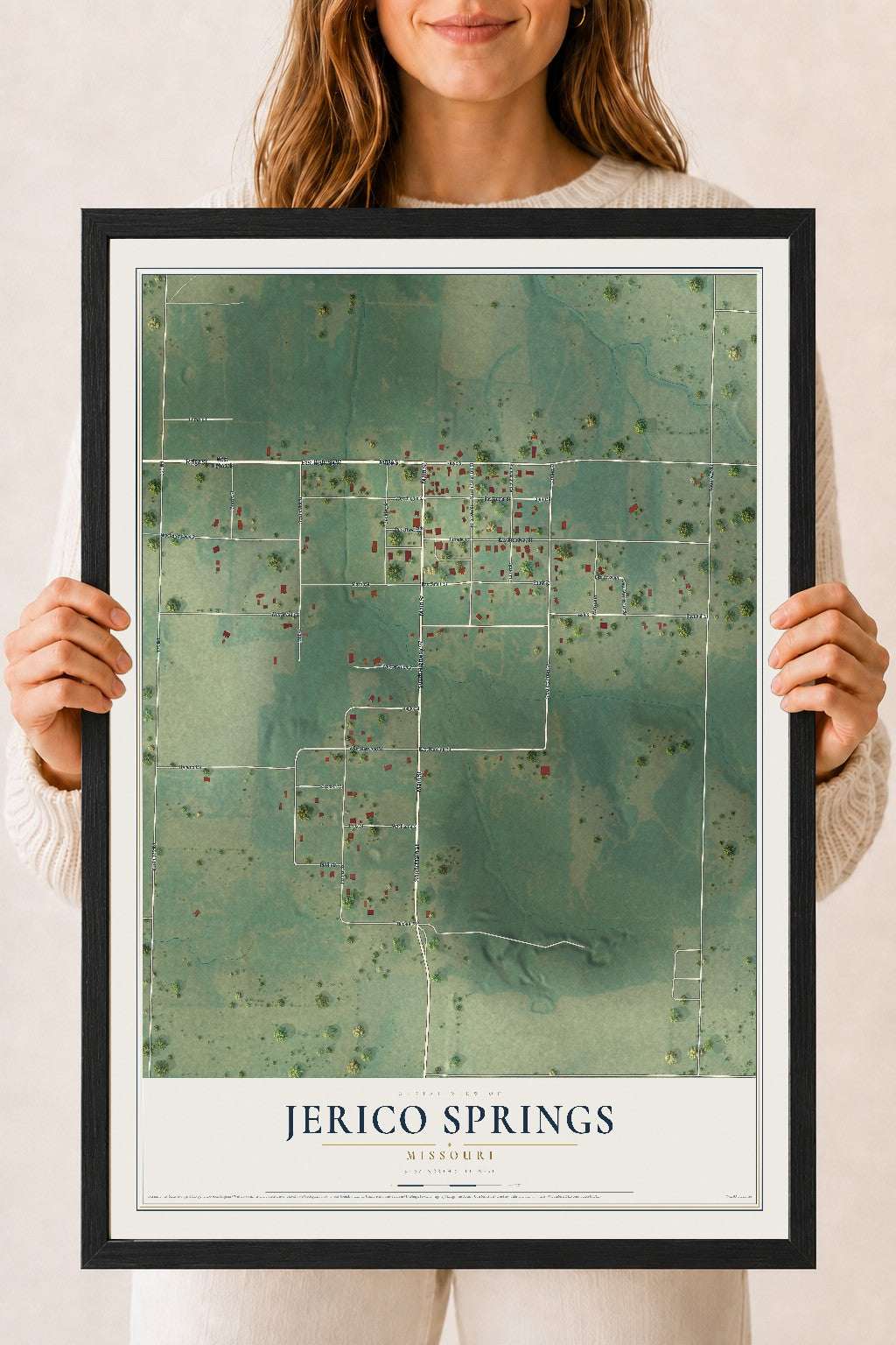 Map of Jerico Springs, Missouri, 18 x 24 inch print in a black wood frame