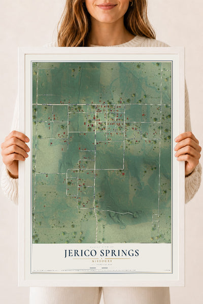 Map of Jerico Springs, Missouri, 18 x 24 inch print in a white wood frame