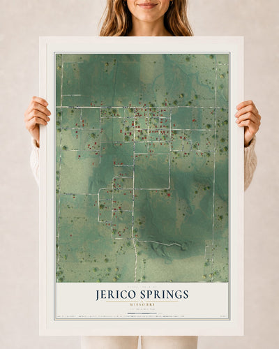 Map of Jerico Springs, Missouri, 24 x 36 inch print in a white wood frame