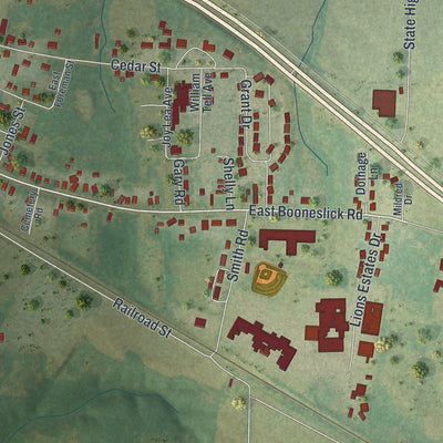 Close-up of the map of Jonesburg, Missouri print showing street and building detail