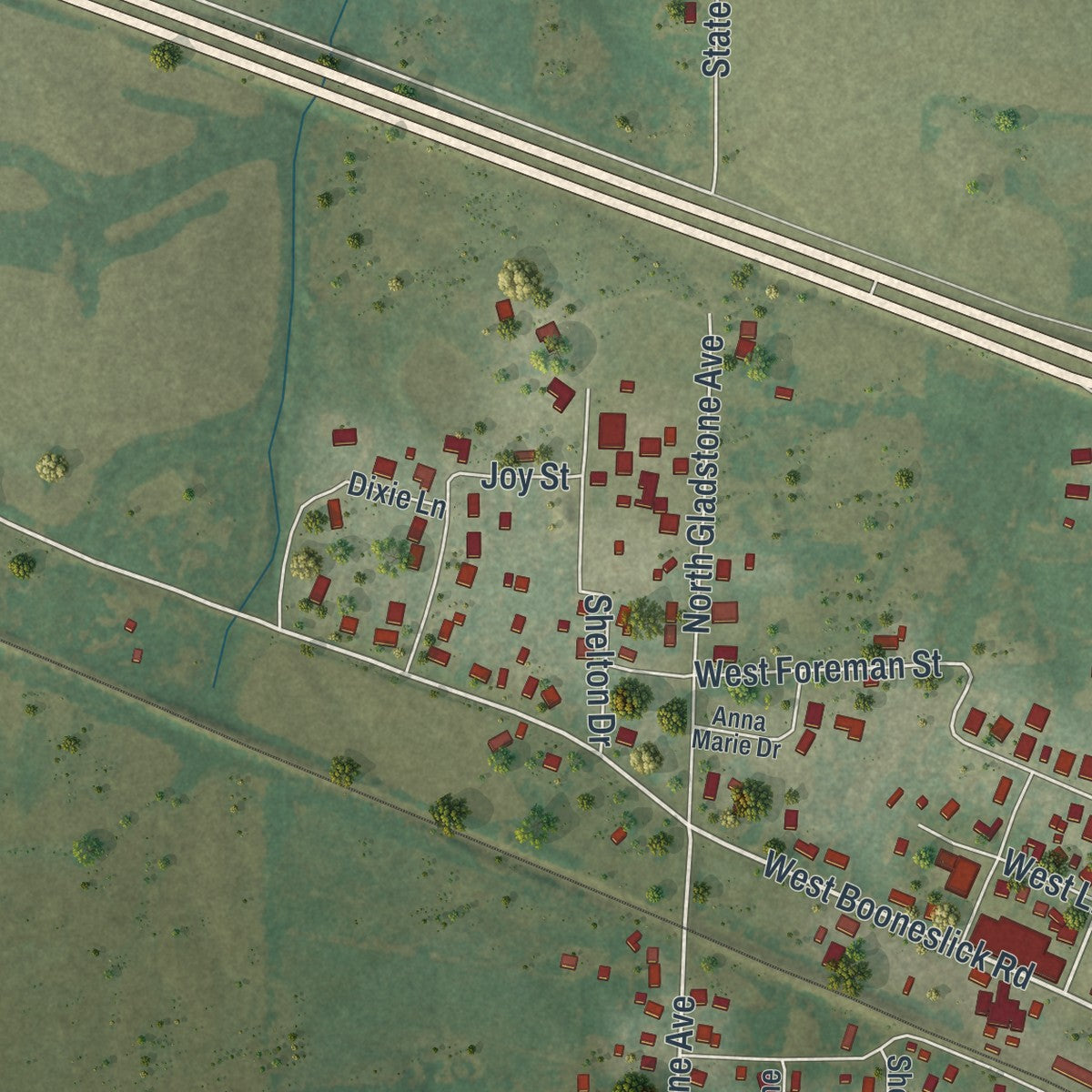 Second close-up of the map of Jonesburg, Missouri print showing more streets and buildings