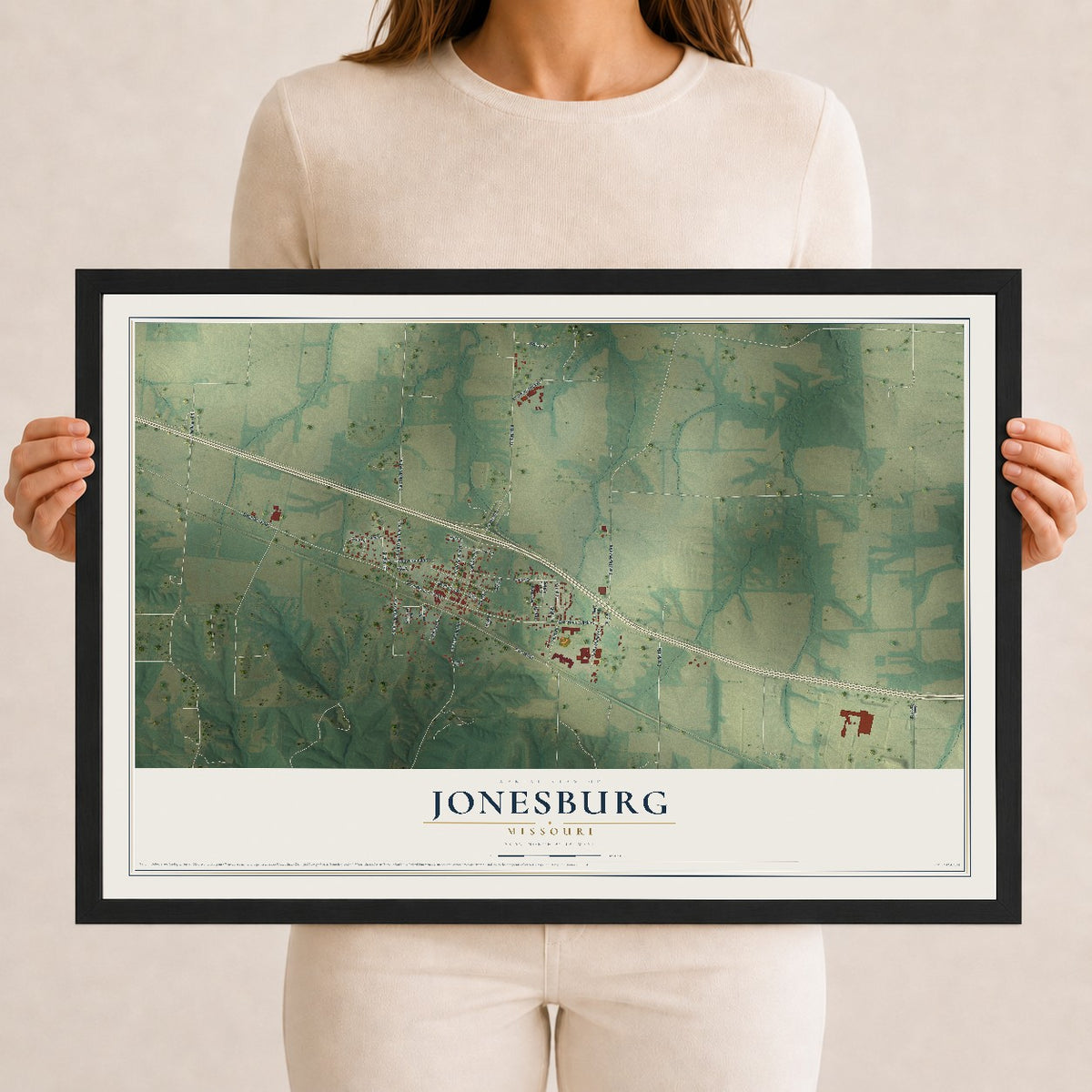 Map of Jonesburg, Missouri, 12 x 18 inch print in a black wood frame