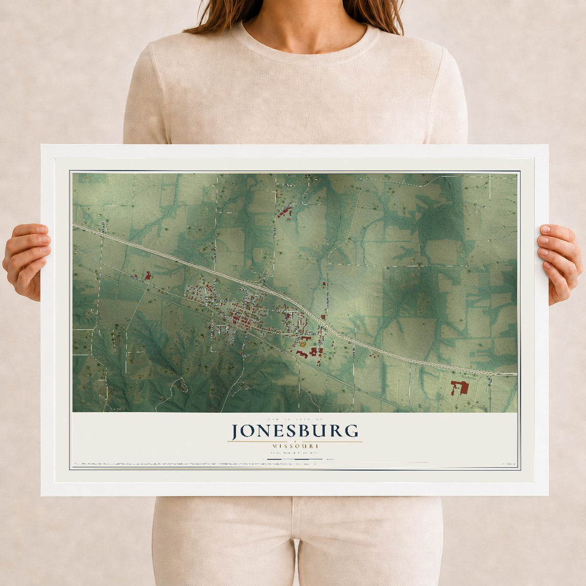Map of Jonesburg, Missouri, 12 x 18 inch print in a white wood frame