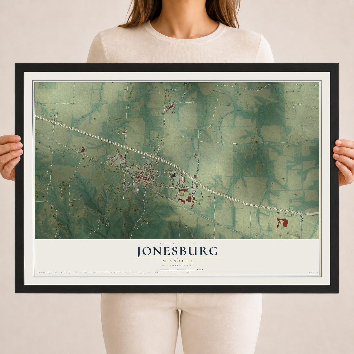 Map of Jonesburg, Missouri, 18 x 24 inch print in a black wood frame