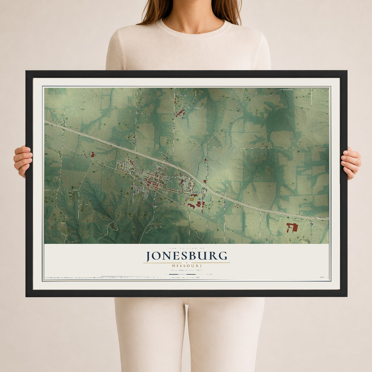 Map of Jonesburg, Missouri, 24 x 36 inch print in a black wood frame