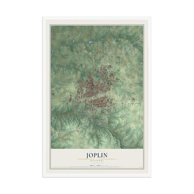 Map of Joplin, Missouri, 12 x 18 inch print in a white wood frame
