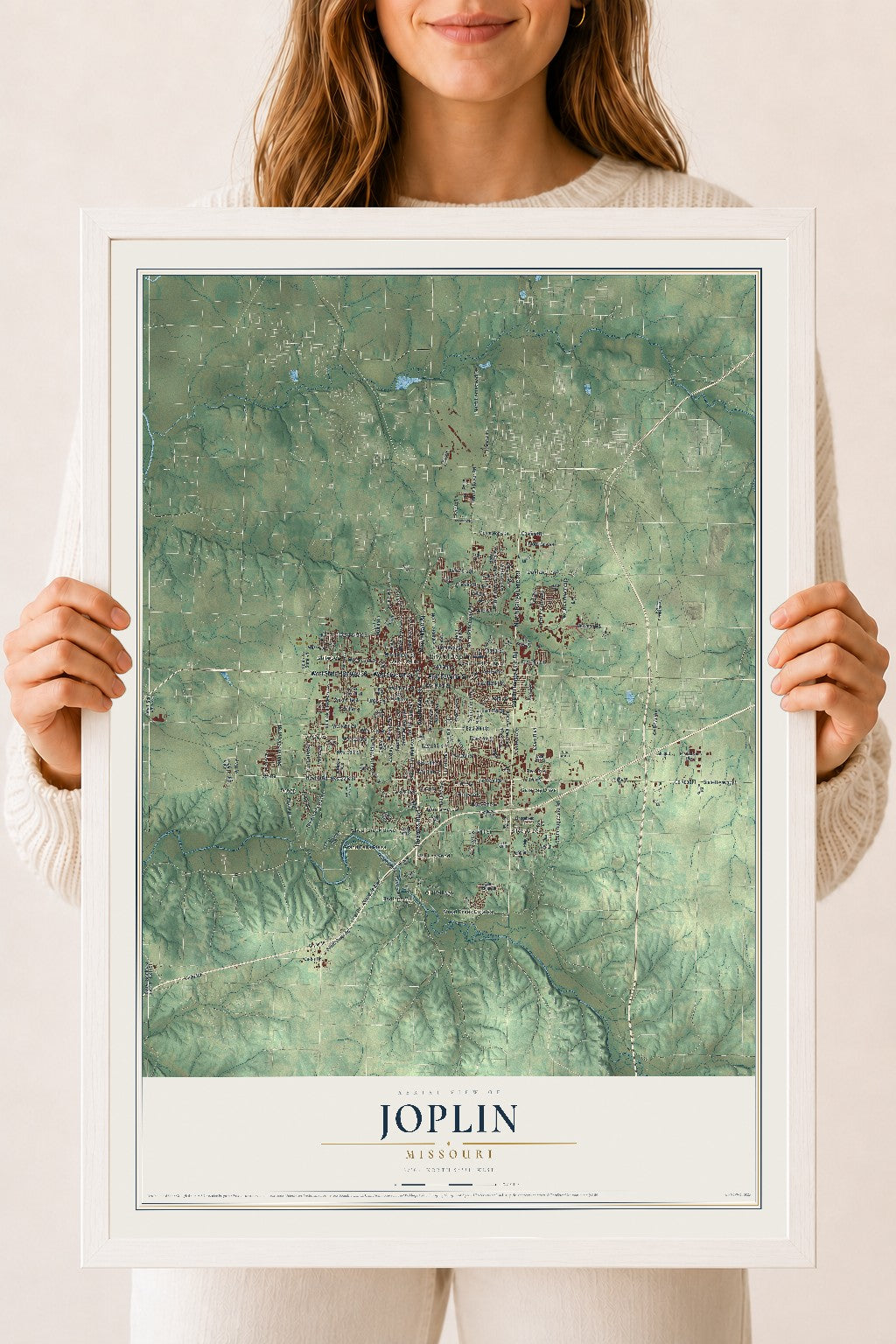 Map of Joplin, Missouri, 18 x 24 inch print in a white wood frame