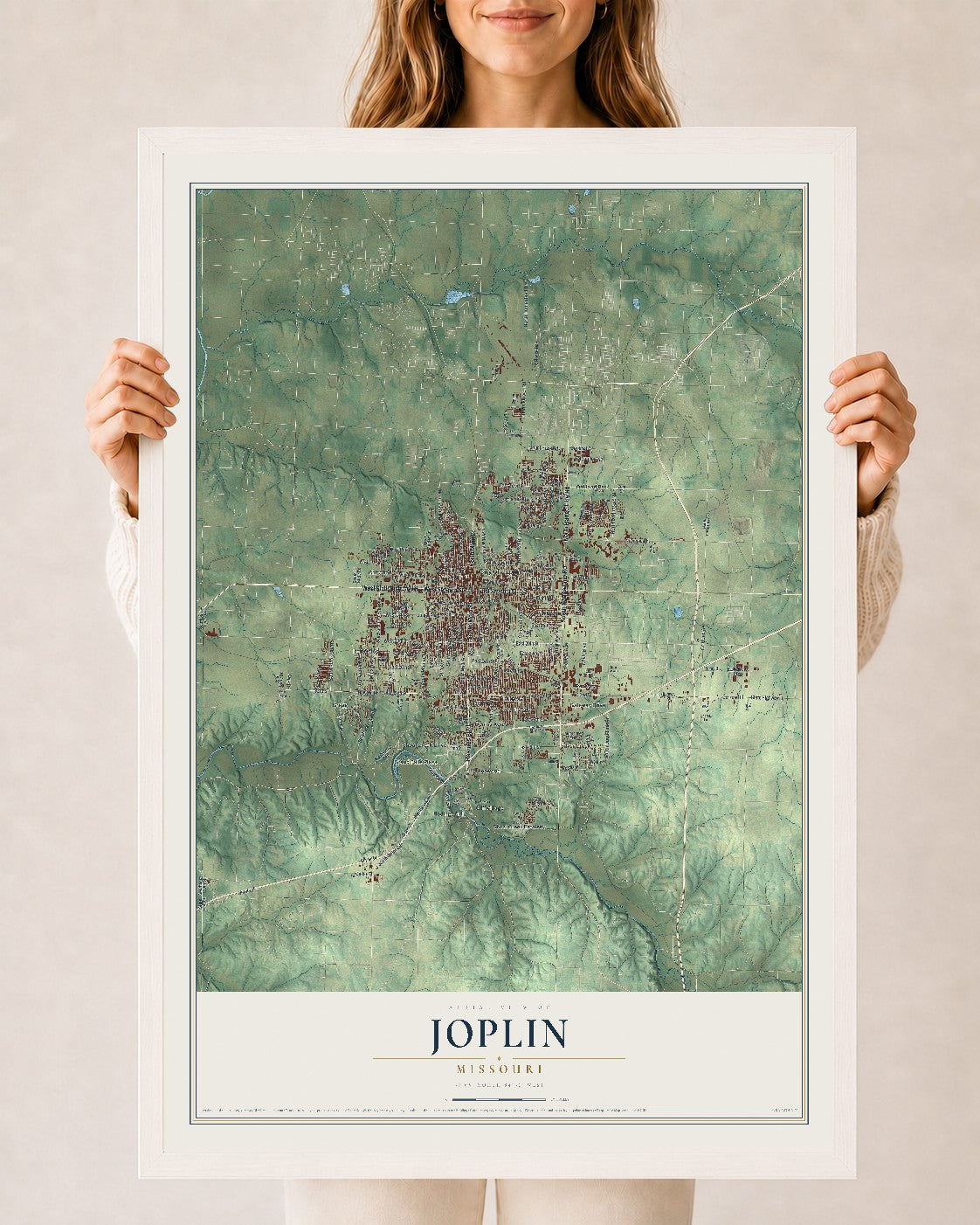 Map of Joplin, Missouri, 24 x 36 inch print in a white wood frame