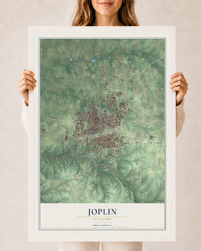 Map of Joplin, Missouri, 24 x 36 inch print in a white wood frame