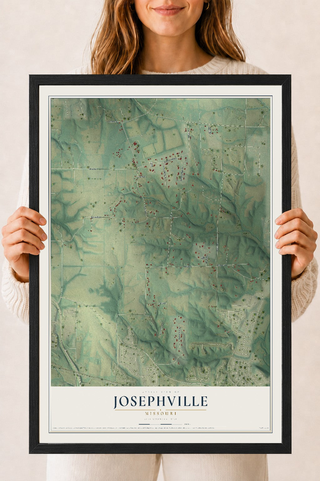Map of Josephville, Missouri, 18 x 24 inch print in a black wood frame
