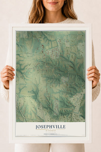 Map of Josephville, Missouri, 18 x 24 inch print in a white wood frame