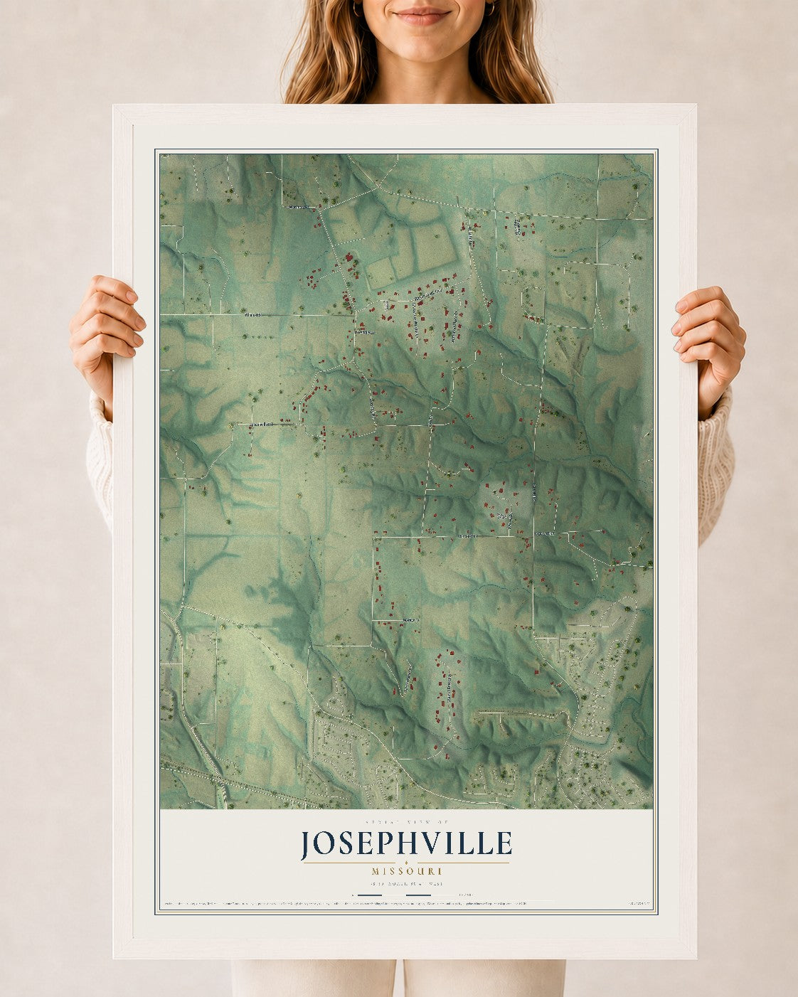 Map of Josephville, Missouri, 24 x 36 inch print in a white wood frame