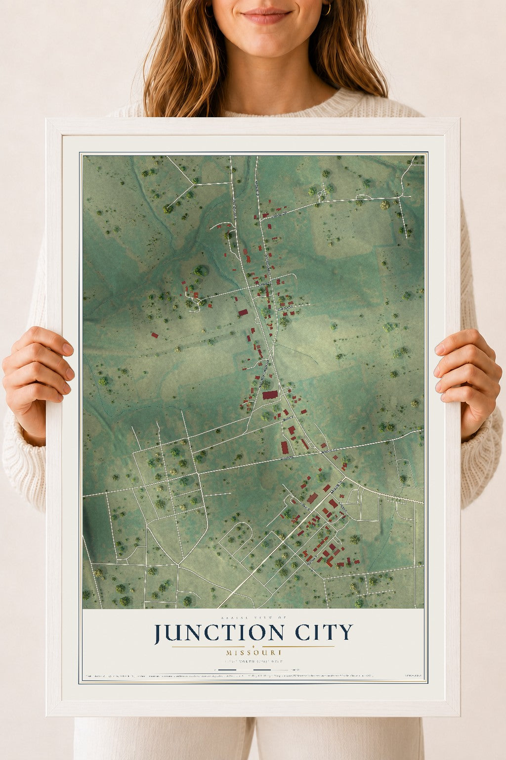 Map of Junction City, Missouri, 18 x 24 inch print in a white wood frame