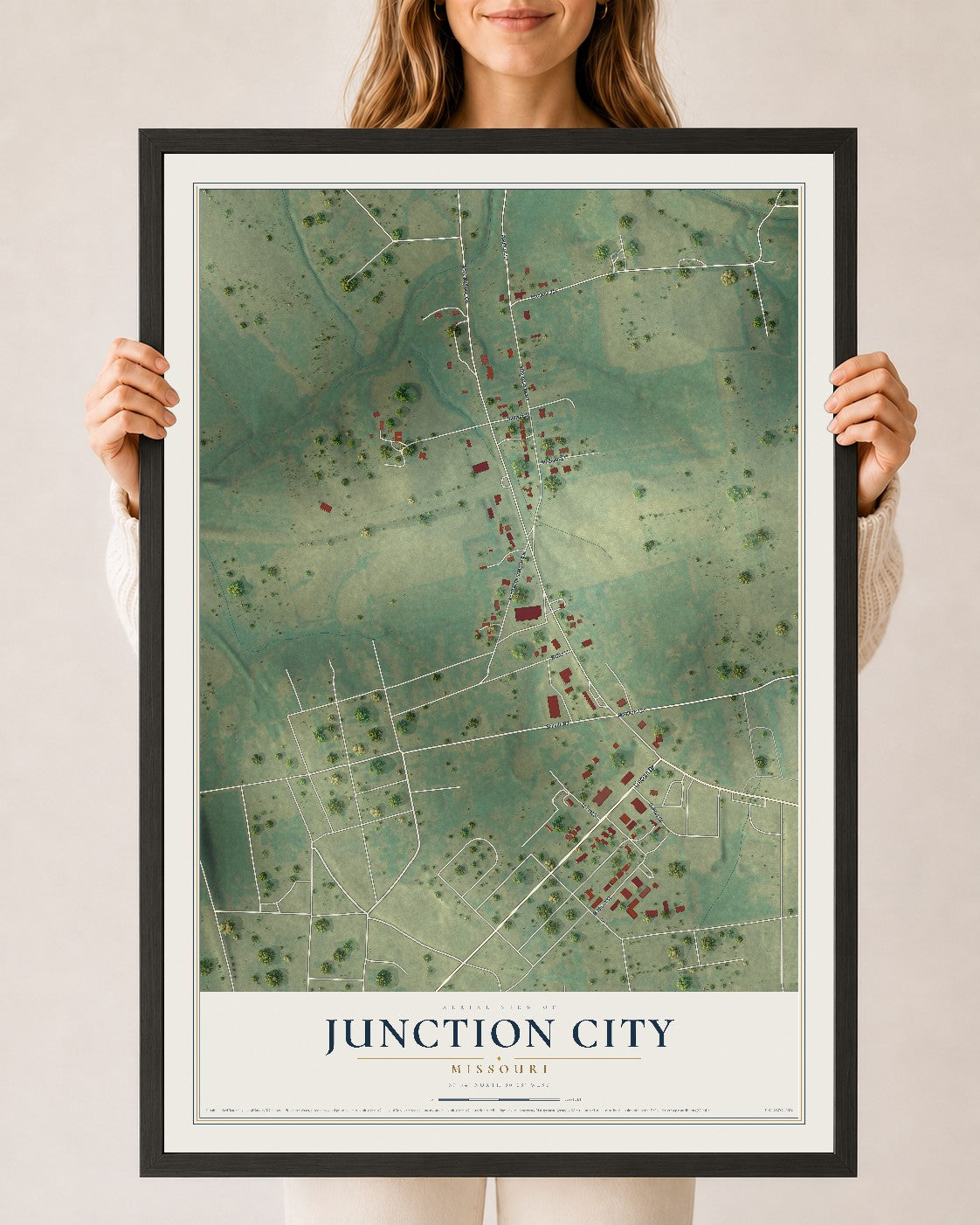 Map of Junction City, Missouri, 24 x 36 inch print in a black wood frame