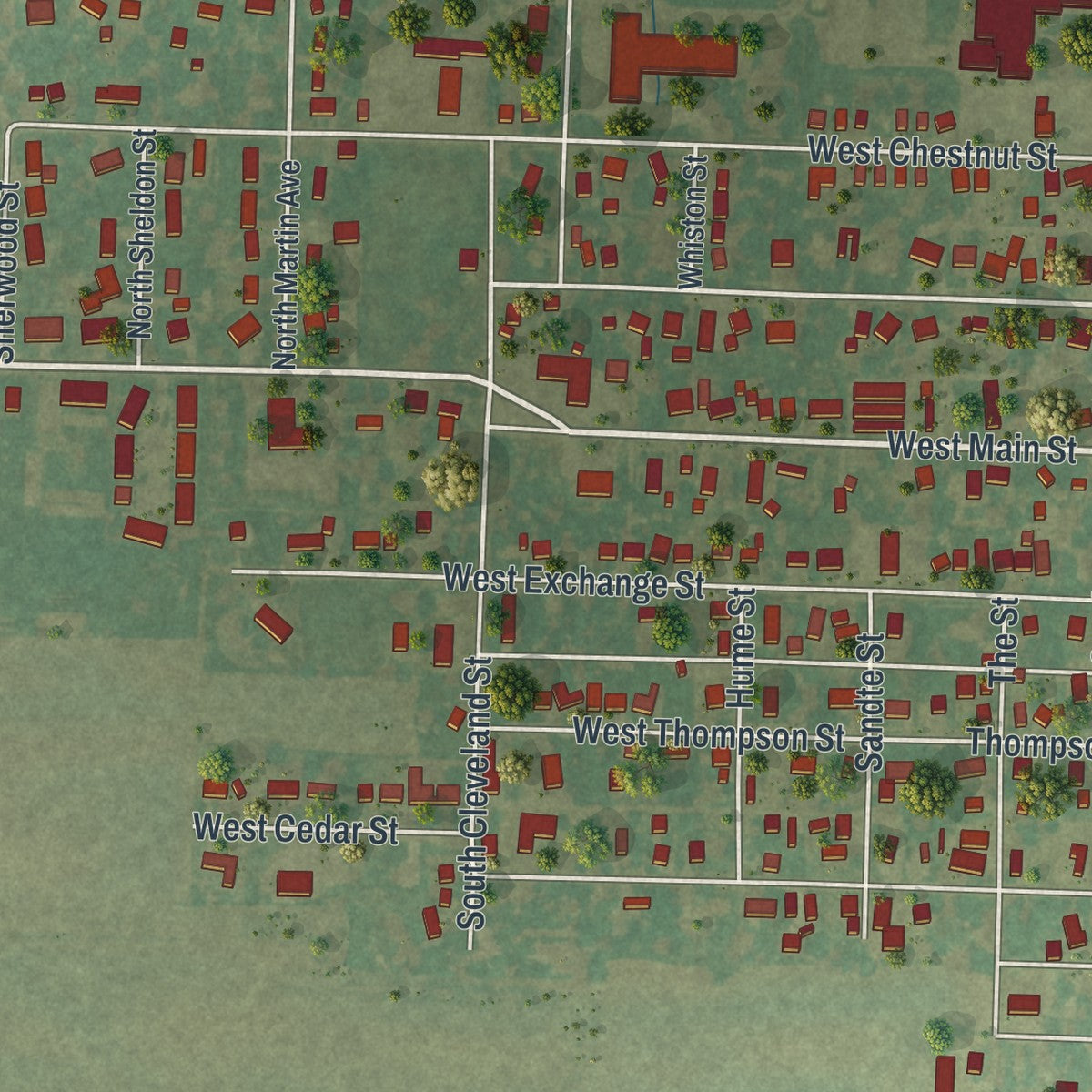 Second close-up of the map of Kahoka, Missouri print showing more streets and buildings