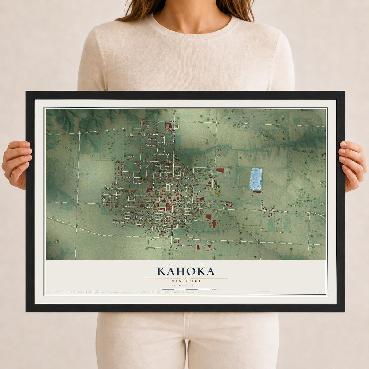 Map of Kahoka, Missouri, 12 x 18 inch print in a black wood frame