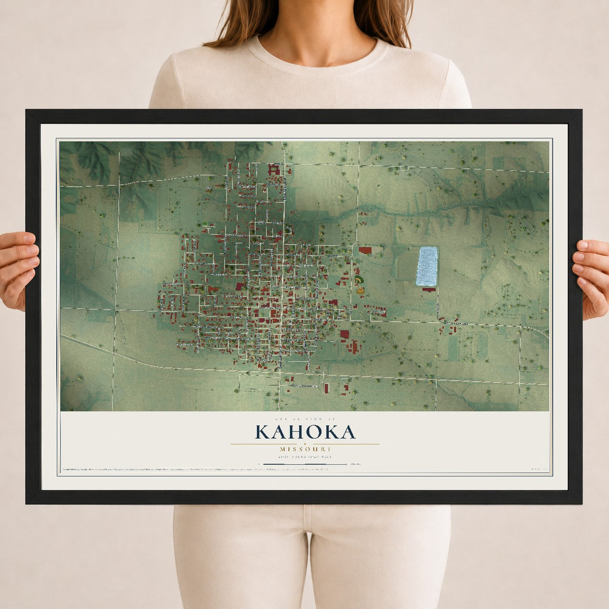 Map of Kahoka, Missouri, 18 x 24 inch print in a black wood frame