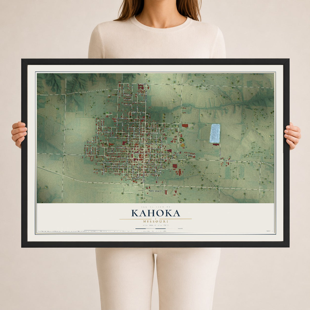 Map of Kahoka, Missouri, 24 x 36 inch print in a black wood frame