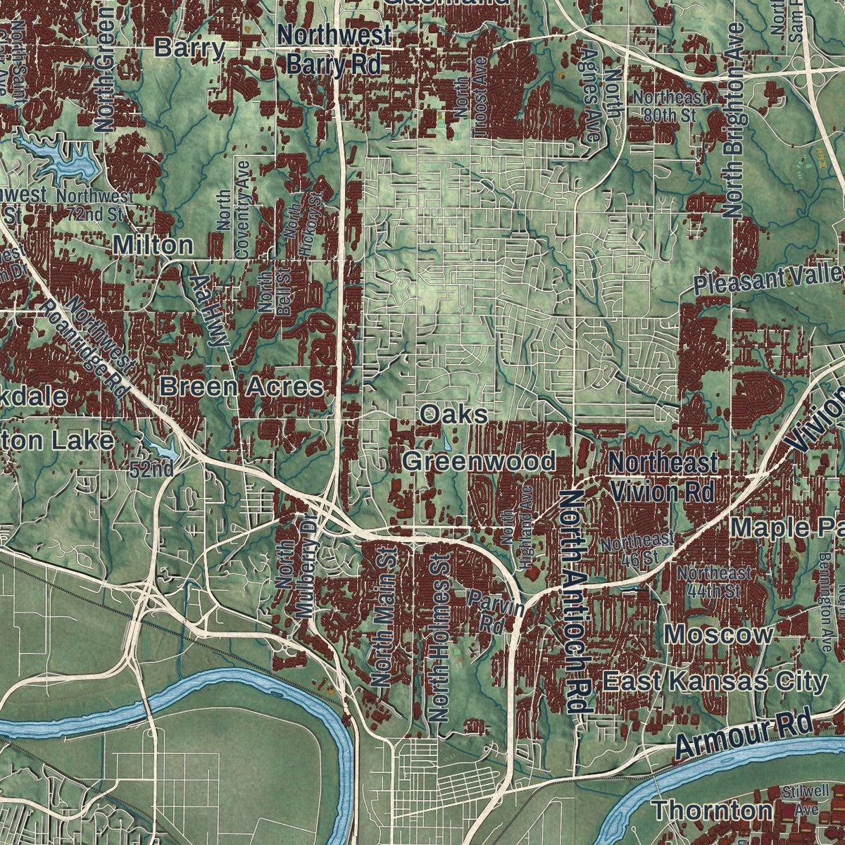 Close-up of the map of Kansas City, Missouri print showing street and building detail