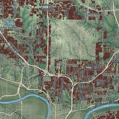 Close-up of the map of Kansas City, Missouri print showing street and building detail