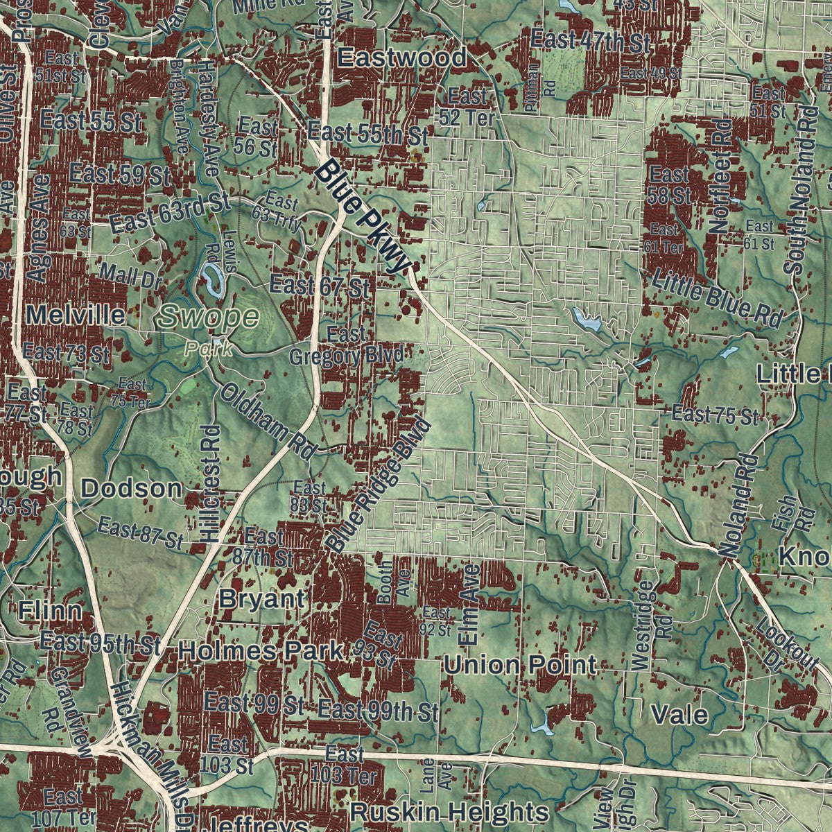 Second close-up of the map of Kansas City, Missouri print showing more streets and buildings