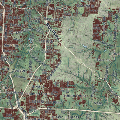 Second close-up of the map of Kansas City, Missouri print showing more streets and buildings