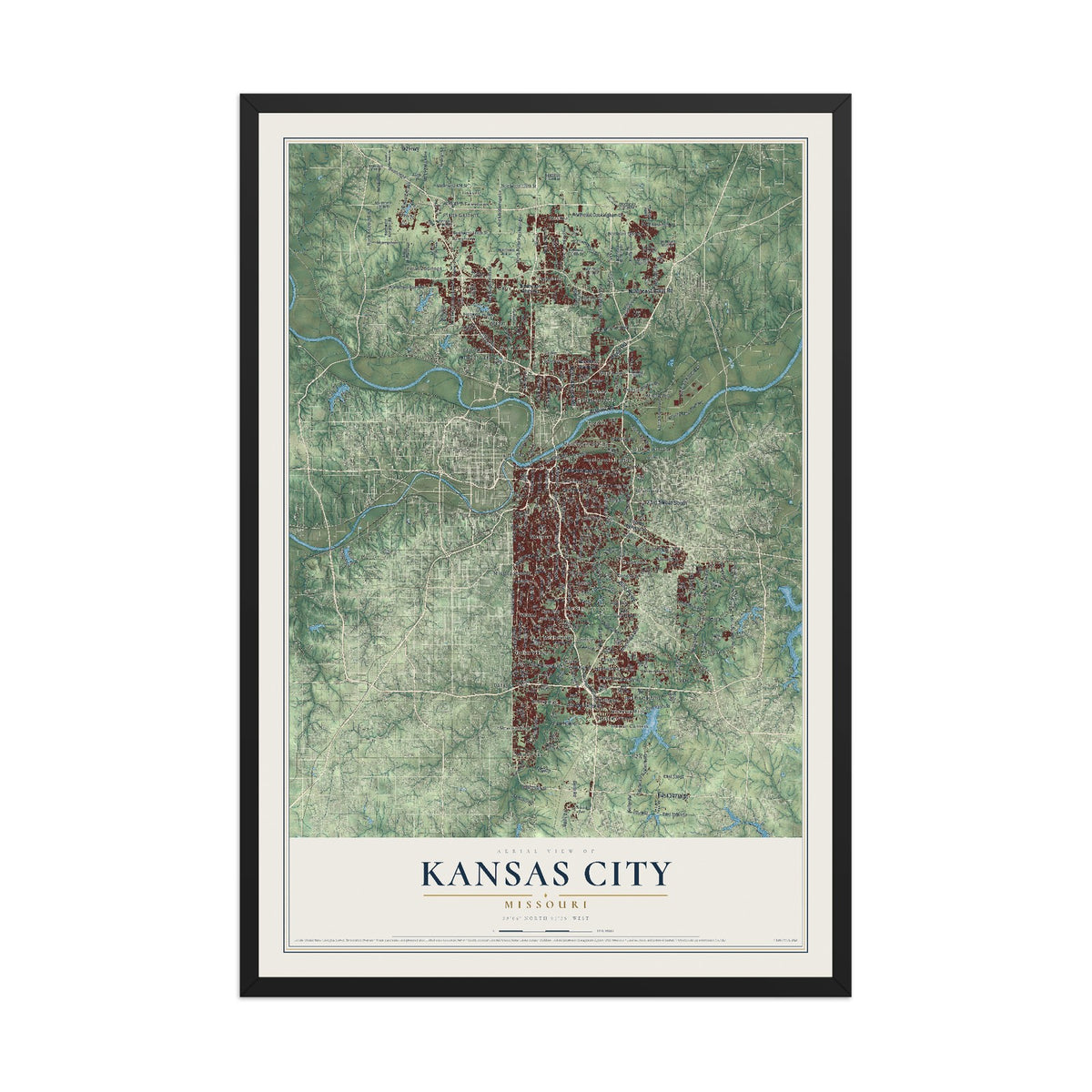 Map of Kansas City, Missouri, 12 x 18 inch print in a black wood frame
