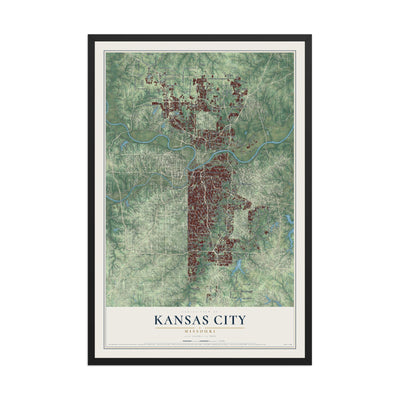 Map of Kansas City, Missouri, 12 x 18 inch print in a black wood frame