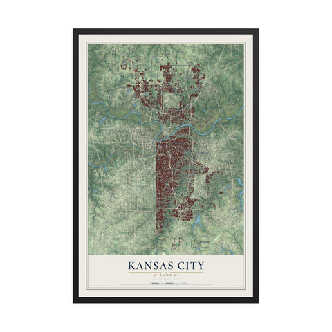 Map of Kansas City, Missouri, 12 x 18 inch print in a black wood frame