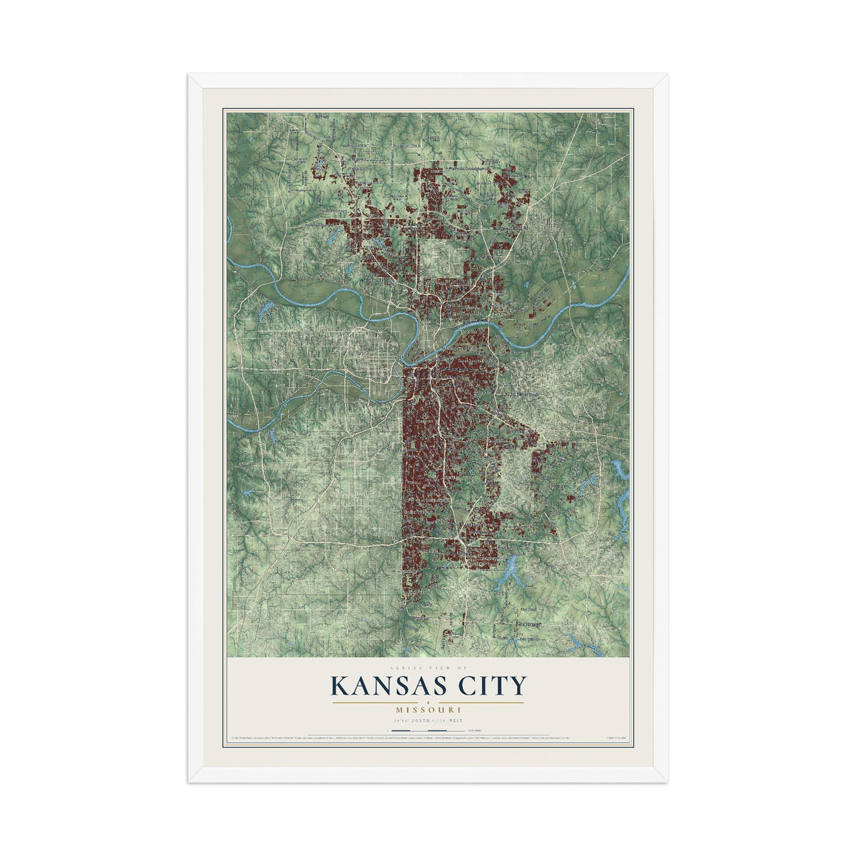 Map of Kansas City, Missouri, 12 x 18 inch print in a white wood frame