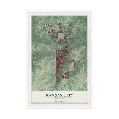 Map of Kansas City, Missouri, 12 x 18 inch print in a white wood frame