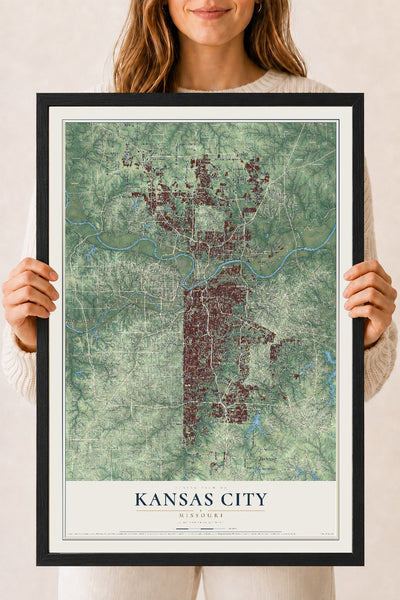 Map of Kansas City, Missouri, 18 x 24 inch print in a black wood frame