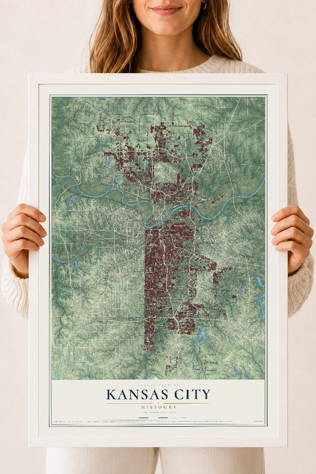 Map of Kansas City, Missouri, 18 x 24 inch print in a white wood frame