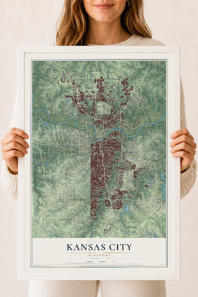 Map of Kansas City, Missouri, 18 x 24 inch print in a white wood frame