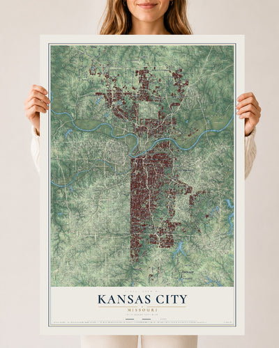 Map of Kansas City, Missouri, 24 x 36 inch unframed archival matte print