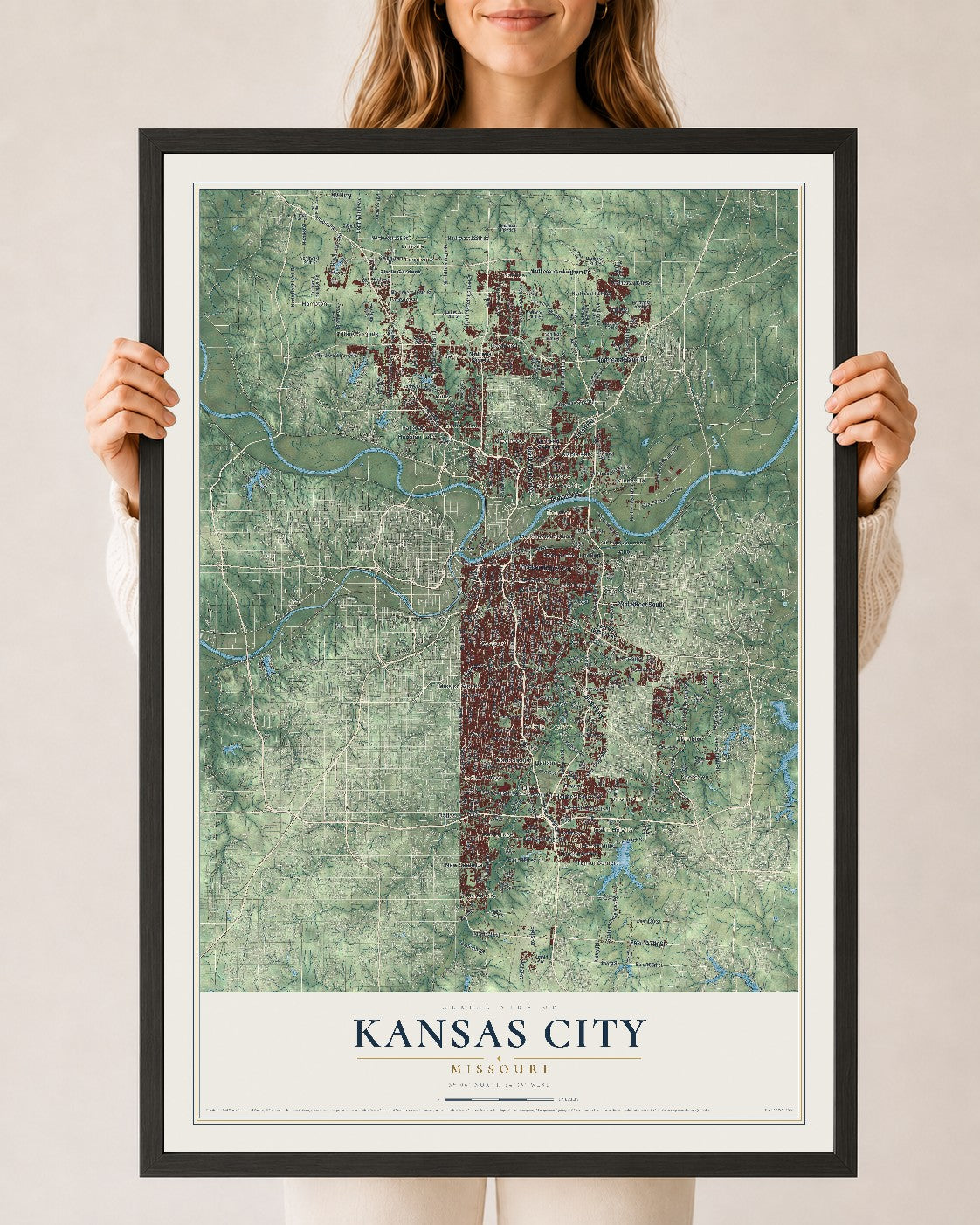 Map of Kansas City, Missouri, 24 x 36 inch print in a black wood frame