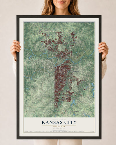 Map of Kansas City, Missouri, 24 x 36 inch print in a black wood frame