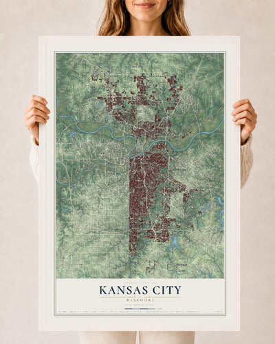 Map of Kansas City, Missouri, 24 x 36 inch print in a white wood frame