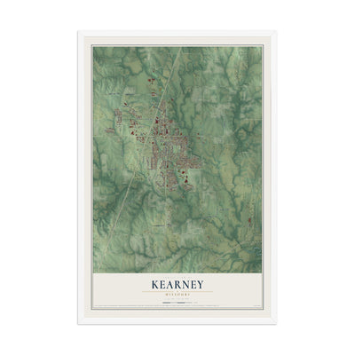 Map of Kearney, Missouri, 12 x 18 inch print in a white wood frame