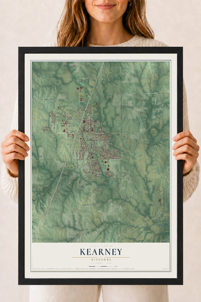 Map of Kearney, Missouri, 18 x 24 inch print in a black wood frame