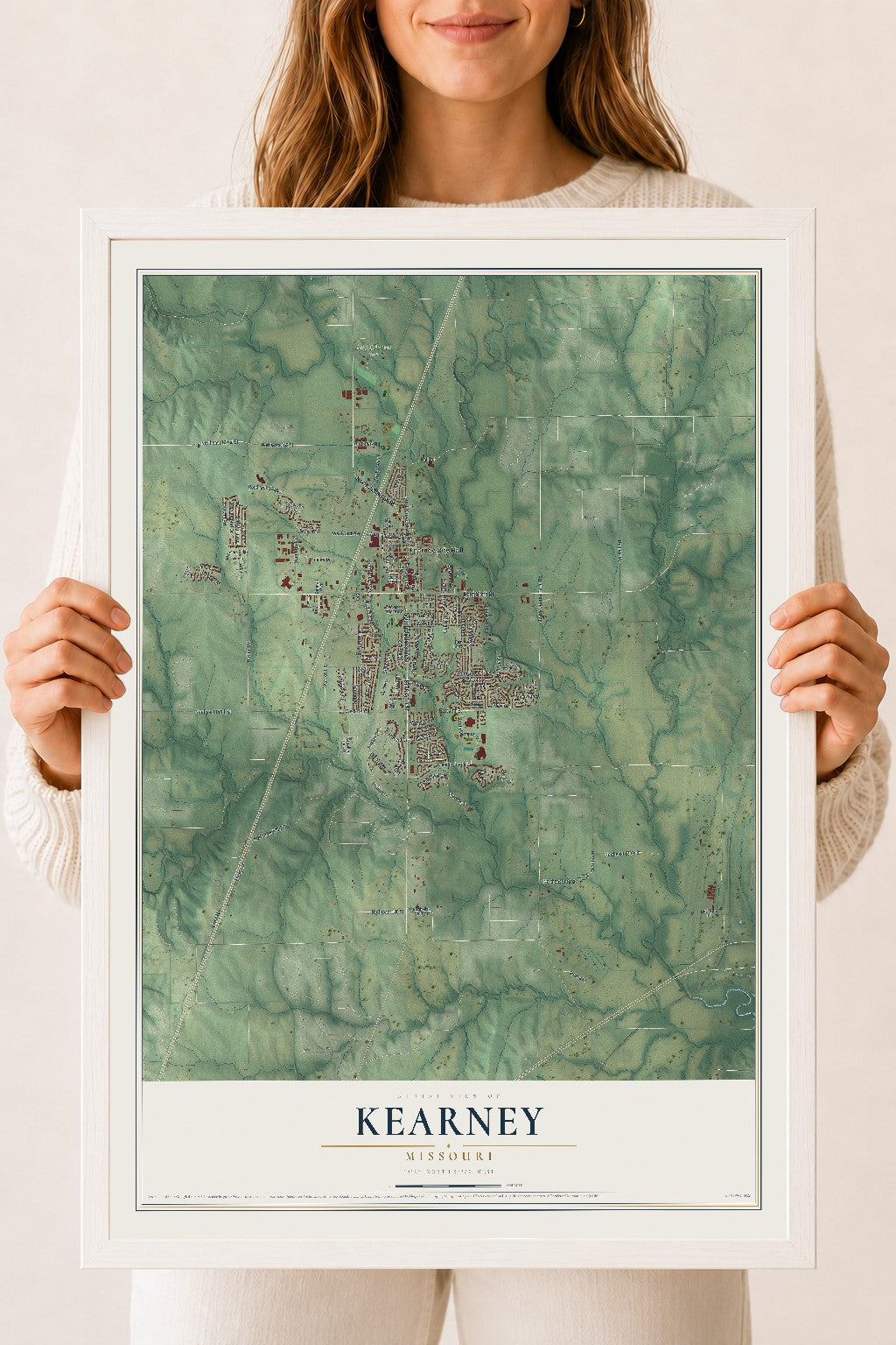 Map of Kearney, Missouri, 18 x 24 inch print in a white wood frame